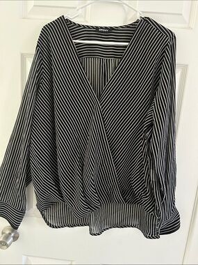 DKNY Black and White Striped Surplice Blouse XL